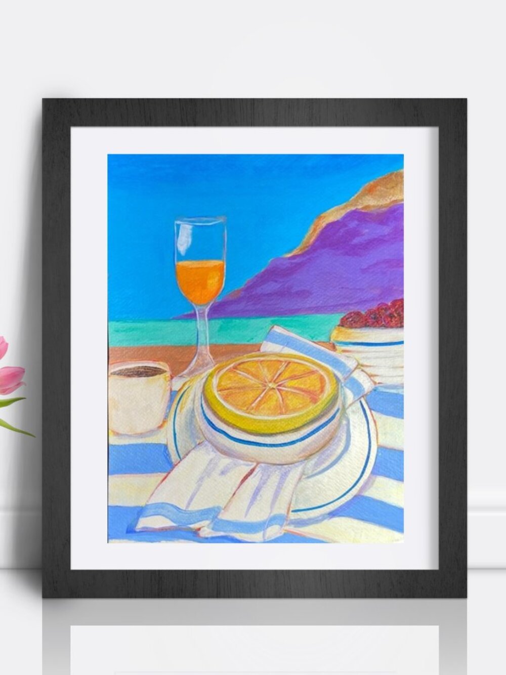Original Artwork Colorful Acrylic Beachside Still Life Painting With Fruit